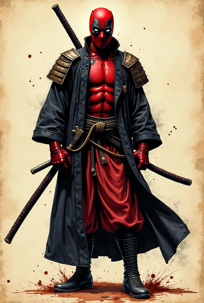 old book style ink illustration, on parchment, ink splashes, ink stains, ink smears, faded ink, samurai strong Dzungarian human, katana, coat, pantless, linquivera, on parchment, deadpool, symbiote