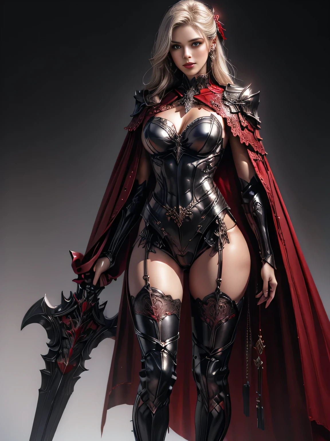 draw a white female mannequin with a sensual black valkyrie armor with red tones, a leather cape and a legendary sword with a red edge, the chest of the armor should be large and the hips wide, the boots should also be metallic, The armor reaches down to the thighs, it also features lace stockings, Maximum quality, Attention to details, ultrarealistic, HD, 8k