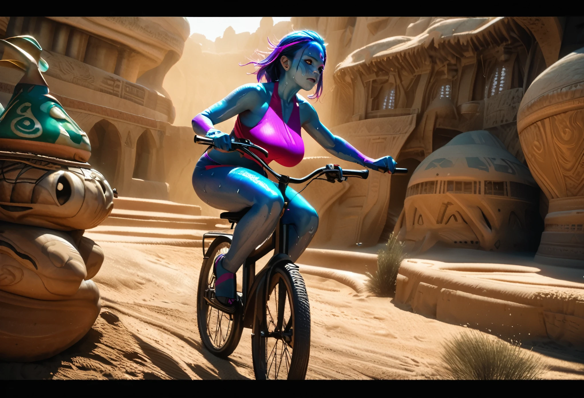 a cute alien girl with brightly colored skin, wearing a swimsuit, looking sweaty and in excellent shape, with big breasts, riding a merchant bicycle outside of Jabba's palace on the desert world of Tattooine, highres, 8k, photorealistic, detailed lighting, vibrant colors, cinematic composition