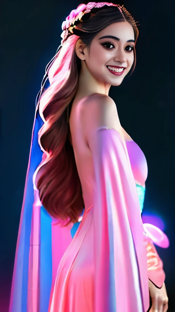 masterpiece, best quality, julia fe, 1girl, solo, long hair, looking at viewer, blush, smile, negative space, (bioluminescence:1.2), darkness, dark background, long sleeves, dress, bare shoulders, medium breasts, very long hair, wide sleeves, cape, white dress, circlet