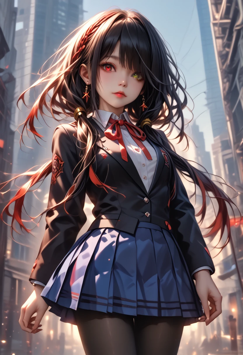 tokisakikurumiSDXL,1girl,long hair,skirt,black hair,red eyes,yellow eyes,long sleeves,ribbon,twintails,school uniform,jacket,pantyhose,pleated skirt,heterochromia,hair over one eye,red ribbon,blue skirt,black jacket,black pantyhose,neck ribbon,blazer,tokisaki kurumi, score_9,score_8_up,score_7_up,masterpiece,best quality,perfect anatomy,very aesthetic,official art,8k, прогулка в Летнем Саду, Красивый Пейзаж, Четкая Картина, Яркие Цвета, Высокое Качество, Шедевр, Полная Детализация