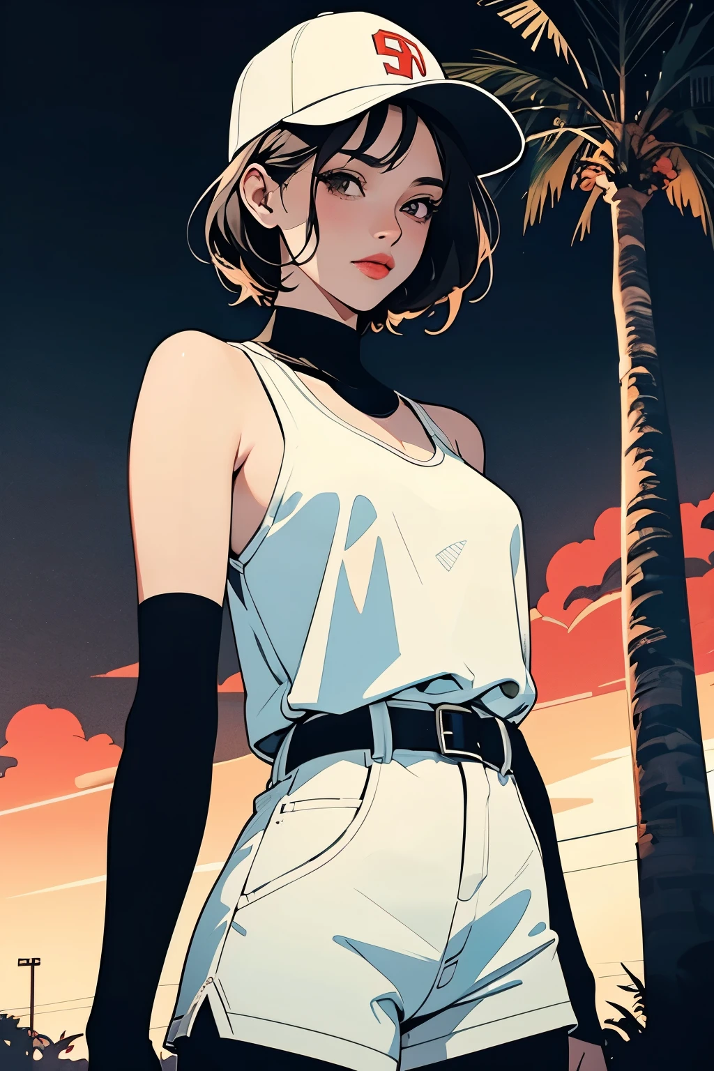 ,8ก,Wallpaper, Macro Focus, Beautiful cyborg woman in a spider suit,white dress, Gold and black edges, Retro Peacock Symbol,tank top,Jumpsuit Shorts,short hair,sexy,Seductive,charming,Big breasts,Miami Baseball Cap, sunset, ferrari, palm tree, The 90s, (flat colors, Smooth texture, line art:1.2), graphic design, (Heavy ink, black ink),