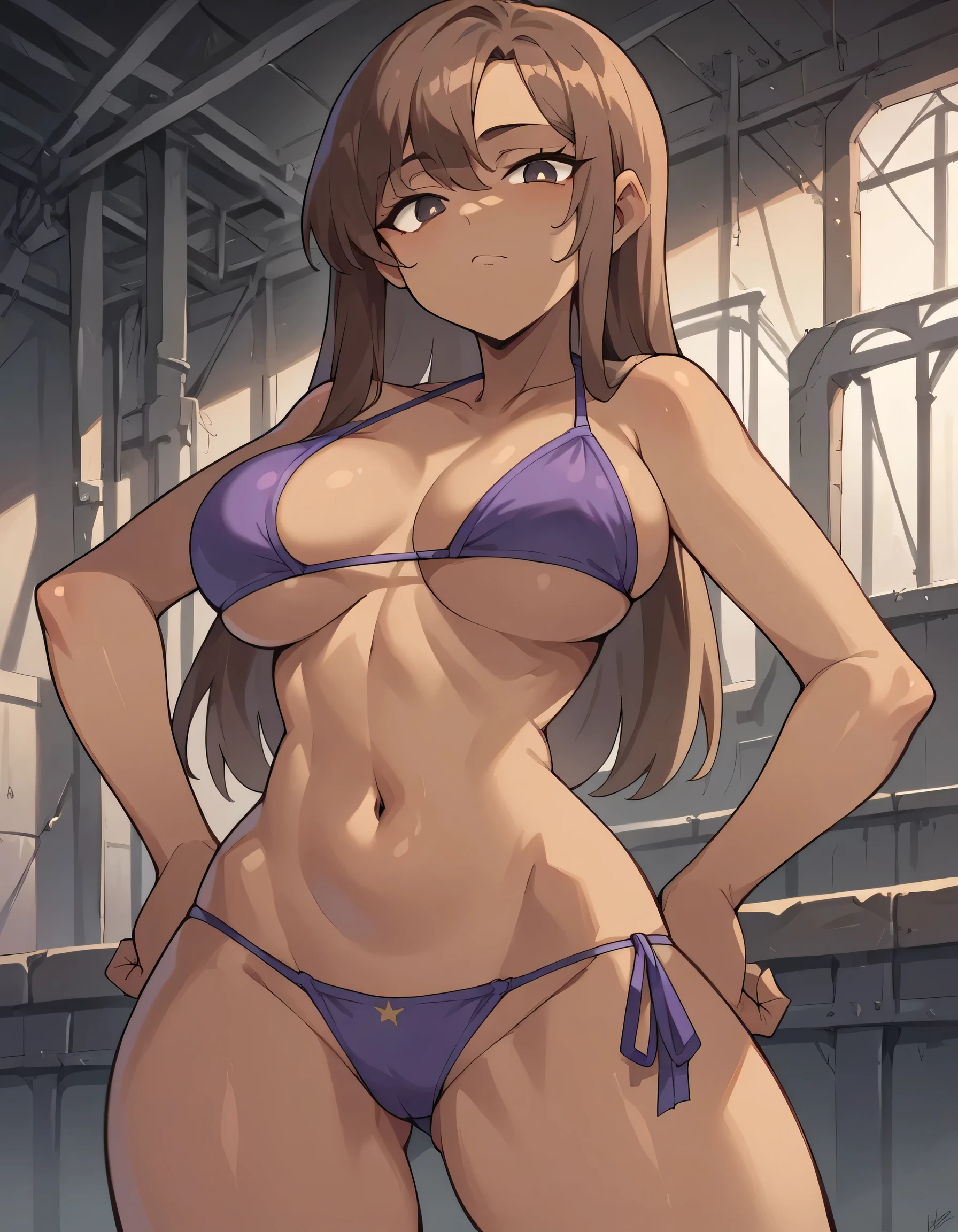 Masterpiece, best quality, Masterpiece, best quality, 1 woman, brown skin , long brown hair , sly face , purple bikini , big breasts , abdomen , Put your hands on your hips.. , abandoned factory , at night