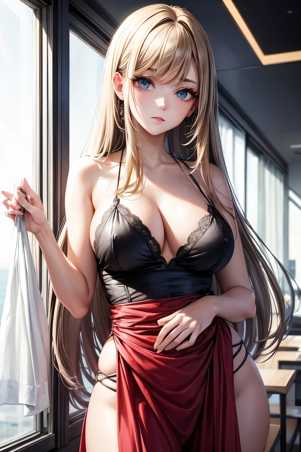 A beautiful woman, adult, with straight hair that reaches her waist, her bangs swept to the side. Her eyebrows are beautifully shaped and her eyes are striking. She's wearing casual clothes, a light blue striped, fluffy outfit. She has cat ear headphones on.