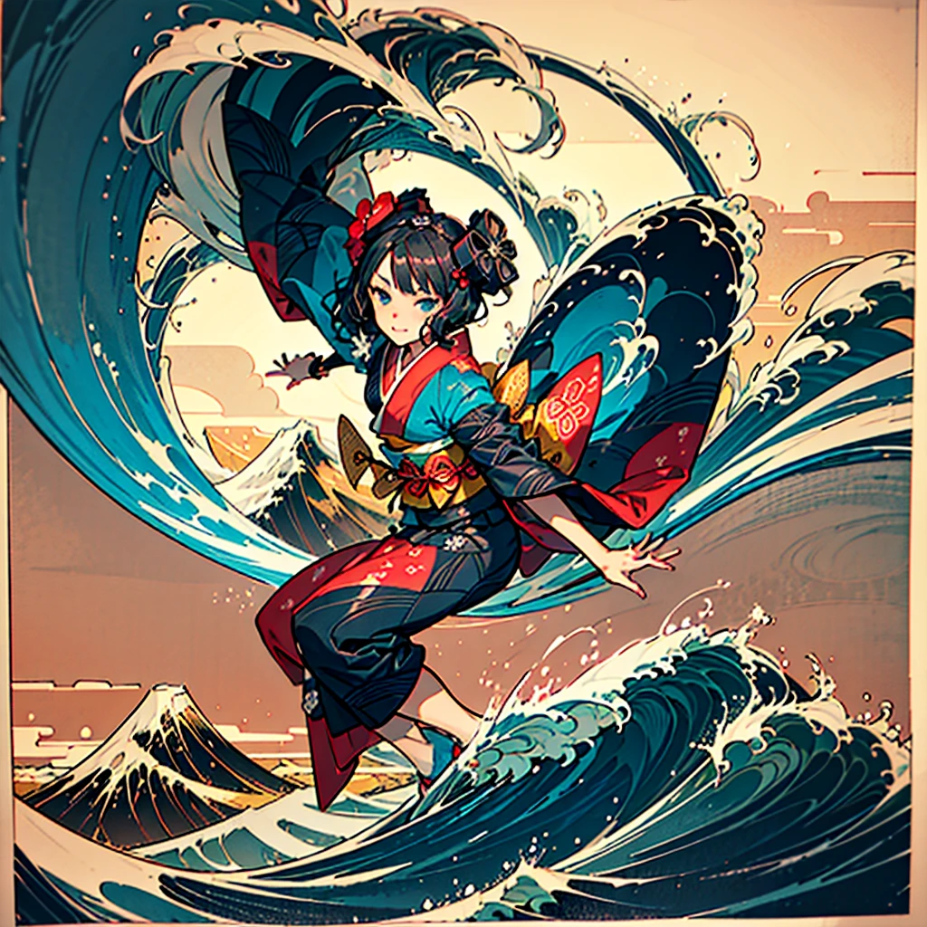 Highest quality、Masterpiece、Official Art、Dynamic composition、Handsome face、A beautiful girl in a kimono surfing in a painting by Katsushika Hokusai,katsushika hokusai,katsushika hokusai \(fate\)、Extremely elaborate original illustration、Mount Fuji in the background、
