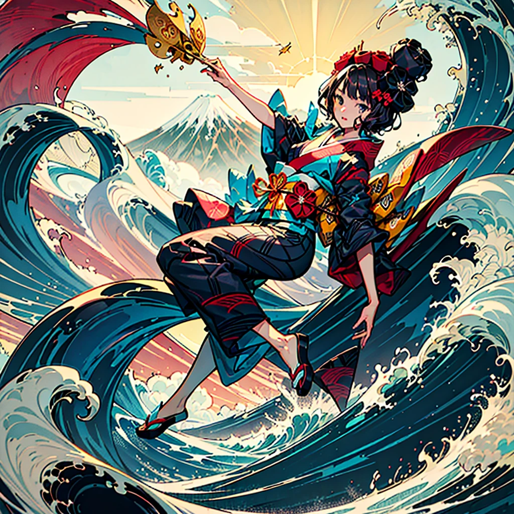 Highest quality、Masterpiece、Official Art、Dynamic composition、Handsome face、A beautiful girl in a kimono surfing in a painting by Katsushika Hokusai,katsushika hokusai,katsushika hokusai \(fate\)、Extremely elaborate original illustration、Mount Fuji in the background、
