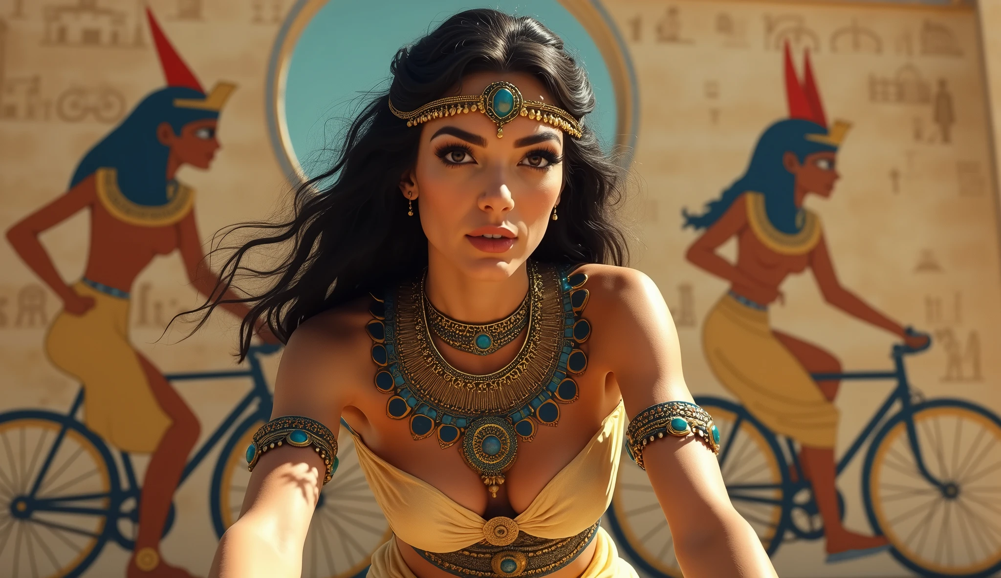 Cleopatra riding a bicycle in front of a mural of a woman riding a bicycle, beautifully detailed eyes, beautifully detailed lips, extremely detailed eyes and face, long eyelashes, intricately decorated dress, graceful pose, ancient Egyptian architecture, intricately detailed stone murals, vibrant colors, dynamic lighting, photorealistic, 8k, masterpiece, digital art, fantasy, film