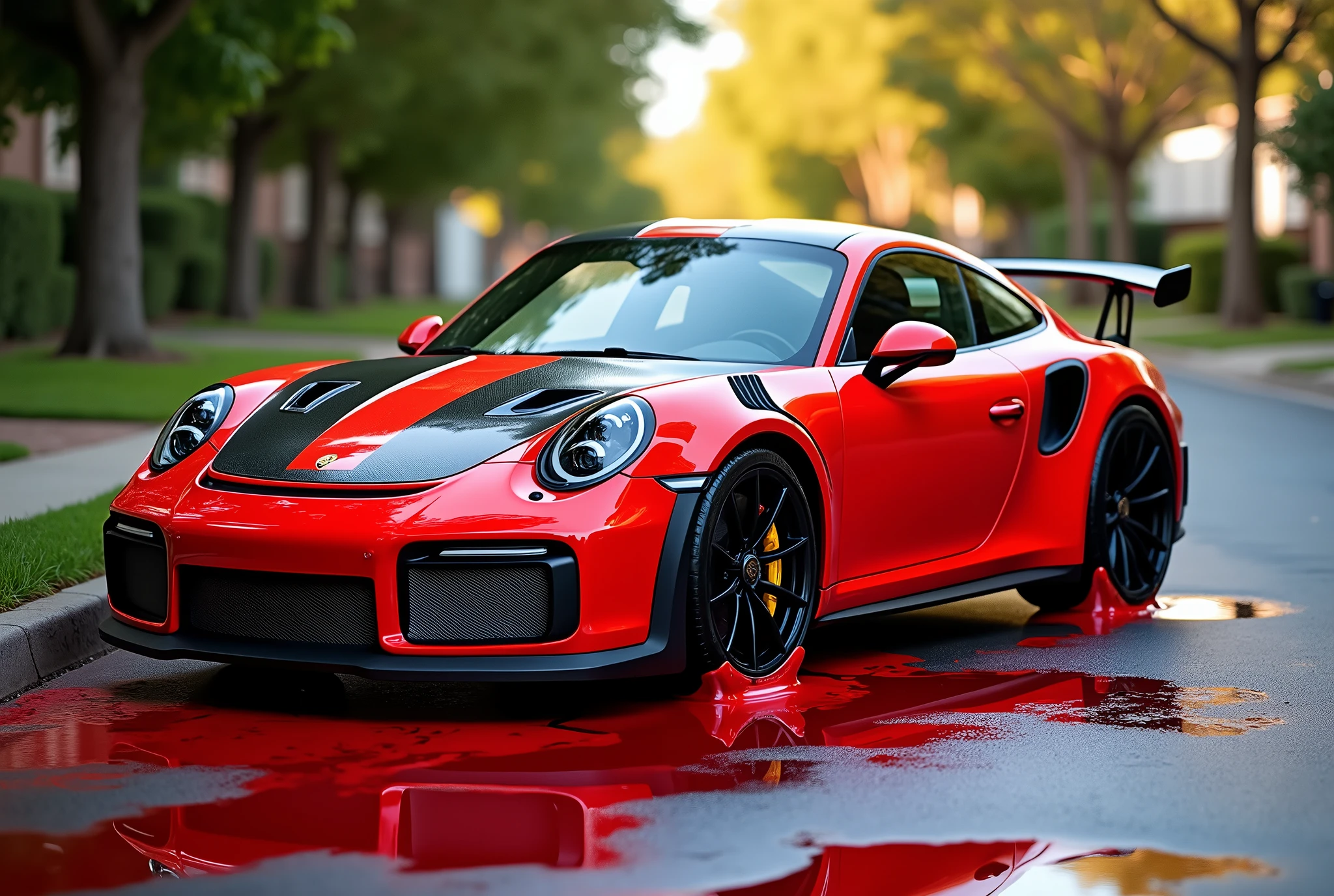 realistic, depict a surreal scene with a Porsche 911 GTS, covered in thick, vibrant red liquid paint with a black race stripe down the center of the car that appears to be melting and dripping down the sides of the car. The paint puddles on the ground around the car, creating a flowing, almost organic appearance. The Porsche retains its sleek form beneath the dripping paint, with its distinctive curves and sharp details peeking through. The setting is in a suburban street, with trees in the background. The lighting should be warm and natural, casting soft reflections on the car's glossy surface, while the liquefied paint adds a playful and artistic twist to the otherwise ordinary scene.