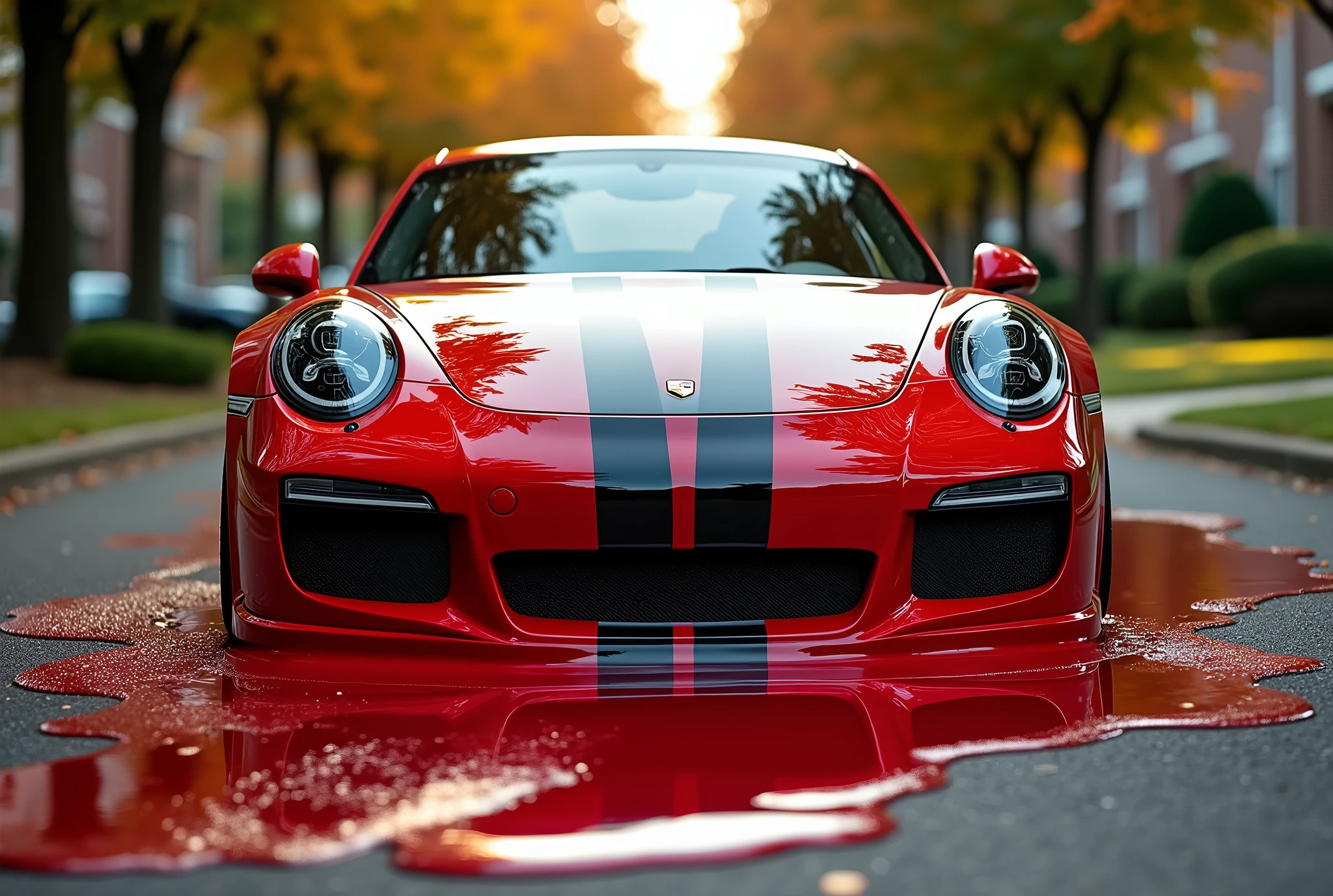 realistic, depict a surreal scene with a Porsche 911 GTS, covered in thick, vibrant red liquid paint with a black race stripe down the center of the car that appears to be melting and dripping down the sides of the car. The paint puddles on the ground around the car, creating a flowing, almost organic appearance. The Porsche retains its sleek form beneath the dripping paint, with its distinctive curves and sharp details peeking through. The setting is in a suburban street, with trees in the background. The lighting should be warm and natural, casting soft reflections on the car's glossy surface, while the liquefied paint adds a playful and artistic twist to the otherwise ordinary scene.