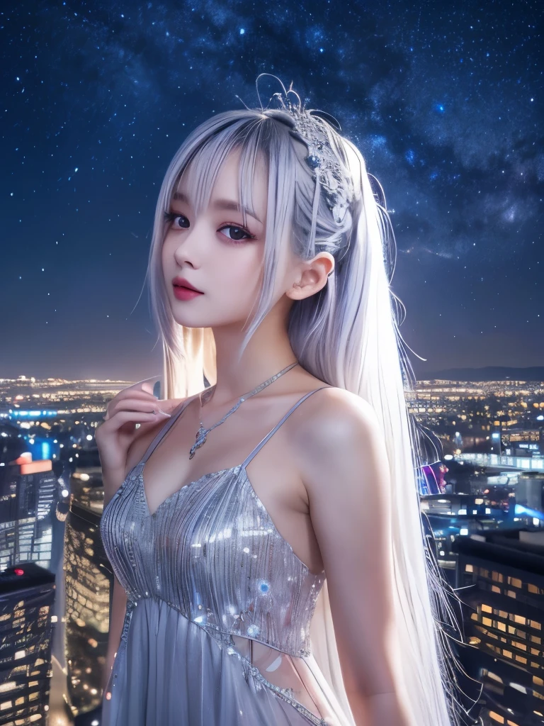 The background is the city, Platinum silver hair少女, dress, Silky silver hair, beautiful girl, 美しい服を着たかわいいbeautiful girl, Platinum silver hair, Best 8K live photos:1.5, beautiful girlの写真, rich curves, A scene from a movie, プラチナシルバーシルキーヘアのbeautiful girl, Nightcore, Standing on a tree, Look up at the stars, The face is very detailed, The stars are beautiful, 