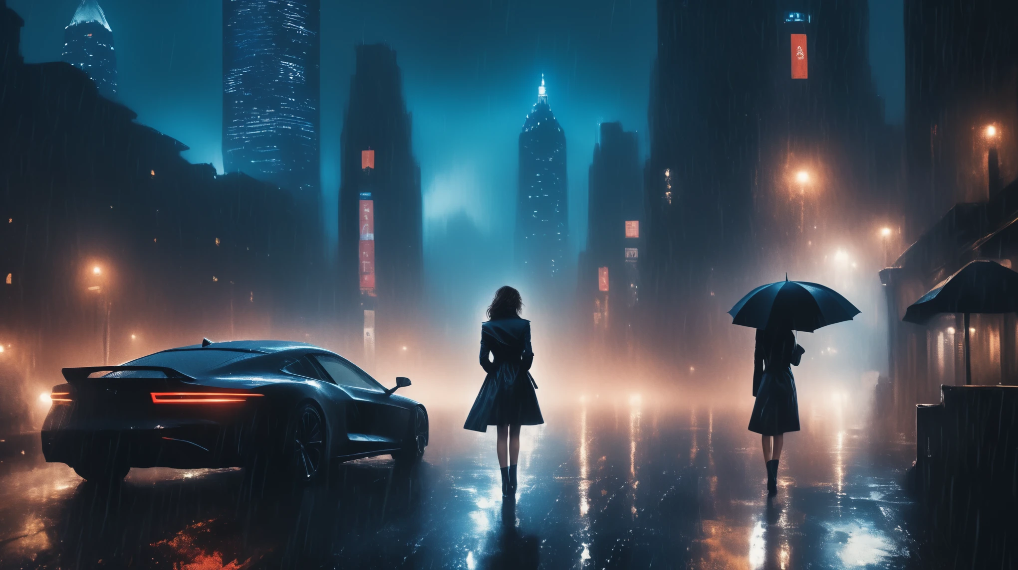 (Hyper-realistic photograph:1.4), Captivating scene under the rain at night on a rooftop, a sexy slim woman, large breast cleavage, with short brown hair, three-quarters view, Black trench coat, (black sunglasses, holding a short gun), with a dark rainy city landscape in background, blue eyes, photography style, (half-body shot:1.3), (contemplative expression:1.2),(well-lit:1.2) Extremely Realistic, serendipity art, (sharp focus:1.3), intricate details, highly detailed, by God himself, original shot, masterpiece, detailed and intricate, Movie Still, guttojugg1