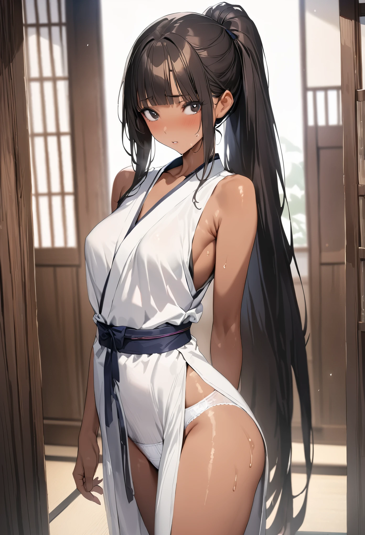 ((masterpiece,best quality anime,Highest quality:1.3)),realistic,cowboy shot,(25 year old beauty),Female ninja、1woman,独奏,((very small head:1.4)),((very long body:1.3)),black hair,bangs,(long ponytail hair),gorgeous big eyes,black eyes,shy,in heat,((tan skin:1.4)),((slender body:1.3,skinny)),medium breasts,gleaming skin,shiny skin,((White kimono、White obi on kimono、Sleeveless、Side slits、White panties)),sweat:1.3,standing,Japanese-style room、Japanese-style house、