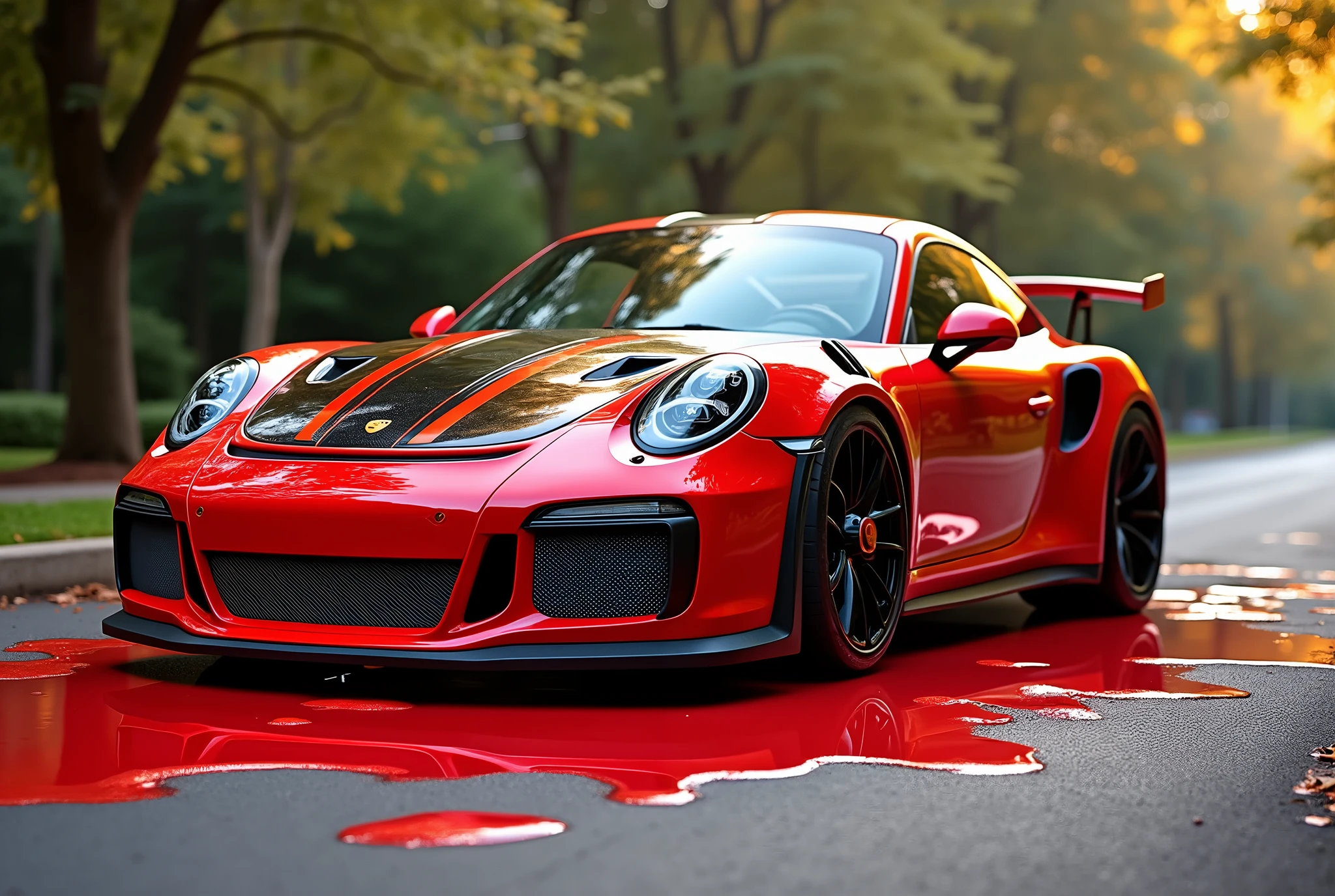 realistic, depict a surreal scene with a Porsche 911 GTS, covered in thick, vibrant red liquid paint with a black race stripe down the center of the car that appears to be melting and dripping down the sides of the car. The paint puddles on the ground around the car, creating a flowing, almost organic appearance. The Porsche retains its sleek form beneath the dripping paint, with its distinctive curves and sharp details peeking through. The setting is in a suburban street, with trees in the background. The lighting should be warm and natural, casting soft reflections on the car's glossy surface, while the liquefied paint adds a playful and artistic twist to the otherwise ordinary scene.