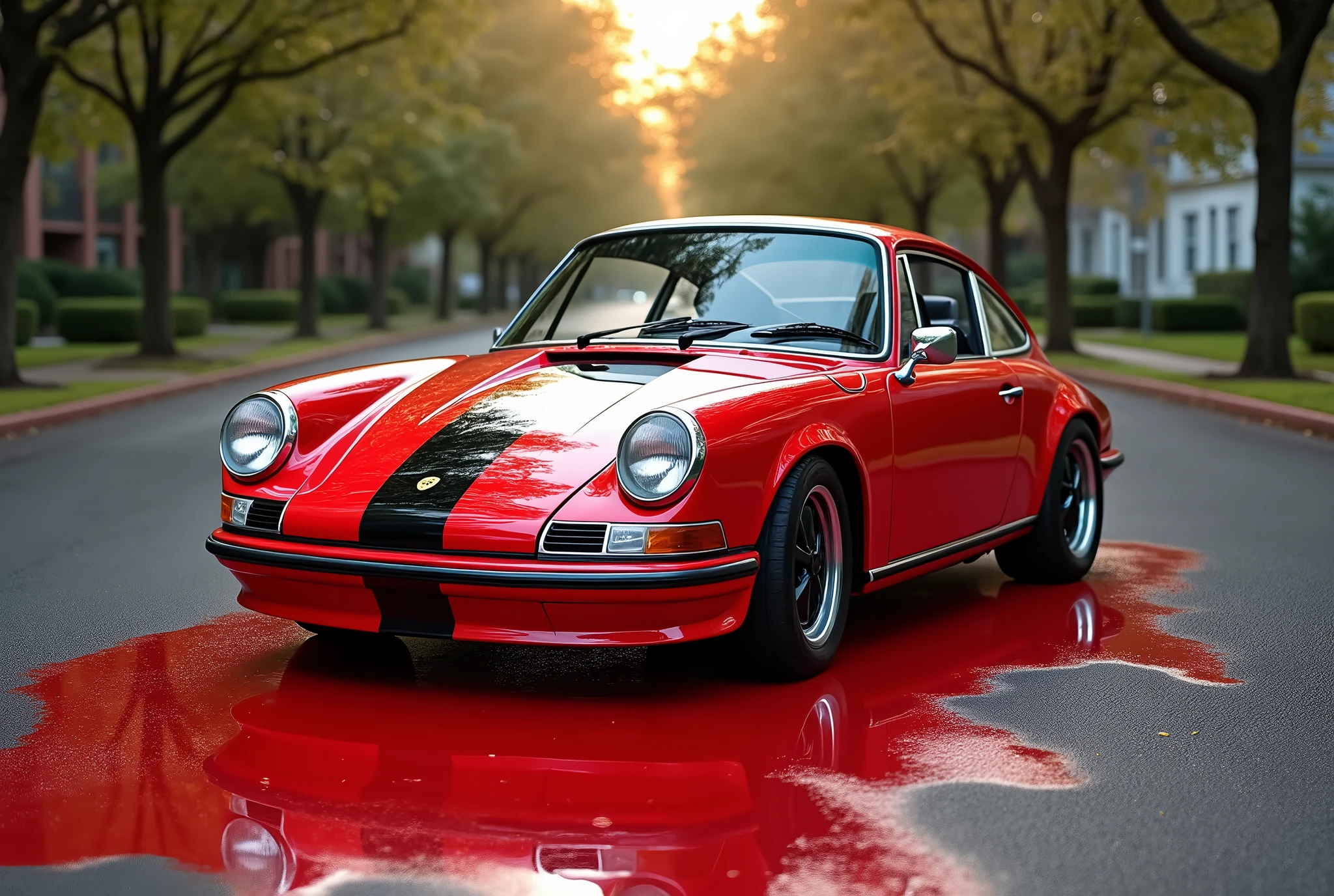 realistic, depict a surreal scene with a Porsche 911 GTS, covered in thick, vibrant red liquid paint with a black race stripe down the center of the car that appears to be melting and dripping down the sides of the car. The paint puddles on the ground around the car, creating a flowing, almost organic appearance. The Porsche retains its sleek form beneath the dripping paint, with its distinctive curves and sharp details peeking through. The setting is in a suburban street, with trees in the background. The lighting should be warm and natural, casting soft reflections on the car's glossy surface, while the liquefied paint adds a playful and artistic twist to the otherwise ordinary scene.