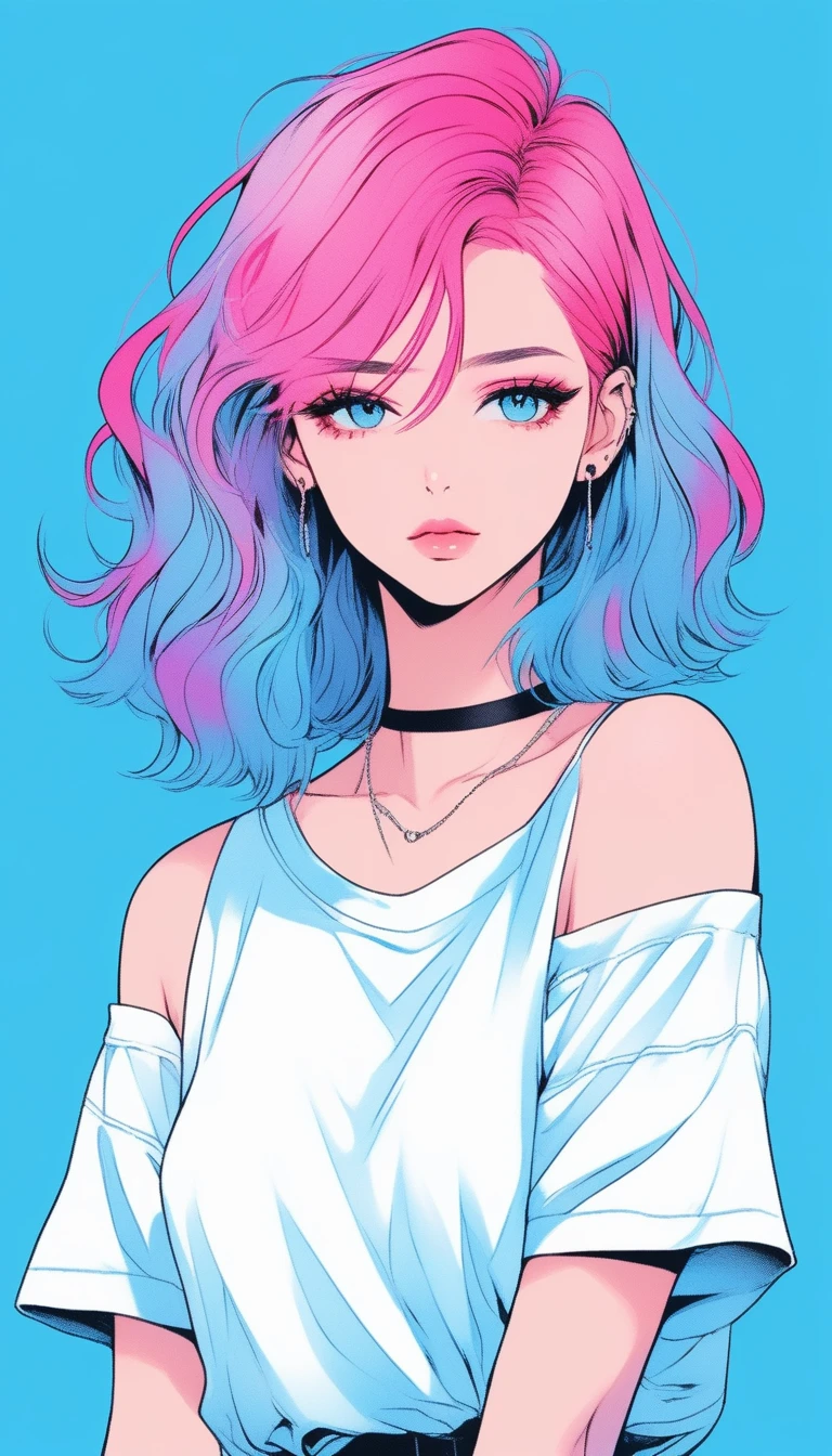 Illustrator, anime , Realistic ,sketch , 1 person, ,lip, Off-the-shoulder T-shirt,order, Blue gradient background, Neon Hair,Texture Trim, Canadian, (masterpiece,Highest quality) cancer