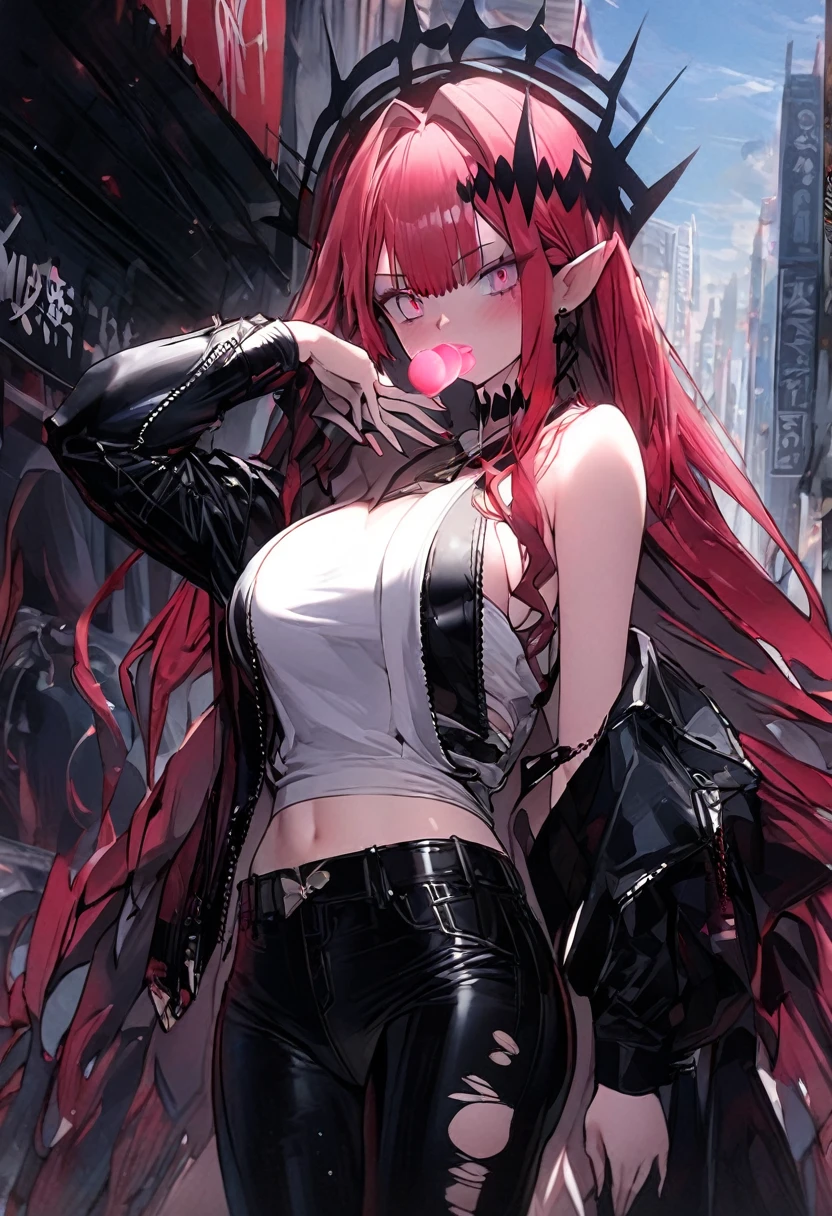 Anime character girl, 2D, Baobhan_sith( fate grand order ),(best quality,4K,highres,masterpiece:1.2),High resolution , Highest quality, 1 girl, red long hair, bright pink hair, pointed ears, vampire girl, very huge breast, big breast, big ass, sexy body, body curve, bright skin, red eyes, pink eyes, distinct_image, highly detailed, semi realistic , red pupils, mature, mature woman, imperial sister, wear black leather jacket, crop top black jacket, wear a white tank top inside the jacket, wear blue jeans, jeans are torn, Wear high-heeled black boots, in city, afternoon, footpath, blowing pink gum, turn back to the viewer, not looking at viewer, holding a mobile phone, looking at mobile phone, aggressive eye, angry eye, Butt-tightening pants, standing next to a black motorcycle, black motorcycle is parked, standing leaning against the side of a motorcycle