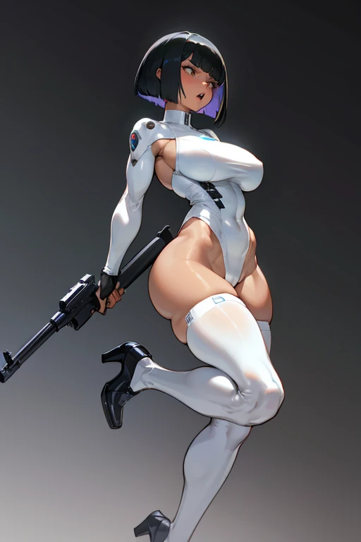  thick hips,  thick thighs, platform  heels, high white high cut leotard, huge breast, thin waist, bob cut hair, weapon, tanned skin, gun, angry look, scream, thick body, muscle, cyberpunk, stockings,