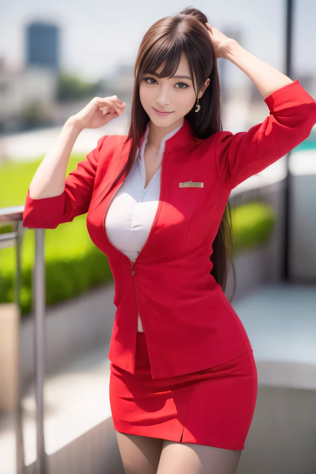 (Highest quality, masterpiece:1.2), (Realistic, photo Realistic:1.4),(AirAsia stewardess uniform realistic style), A proper woman, Beautiful Face, Brown Hair, (Long hair down to the legs), (Red jacket, Unzipped jacket, Unbuttoned white shirt, Red mini skirt, pantyhose),(Showing big boobs through cleavage in unbuttoned white shirt)、Perfect slim body, Huge breasts, huge breasts cleavage, Detailed skin texture, Beautiful Eyes, (Attractive look), necklace、Earrings, On the roof of a building, Rooftop at daytime,Blue eyes、Keep your hands down、Super long hair down to the legs,Strong winds are blowing、Super long hair down to the legsを風になびかせる