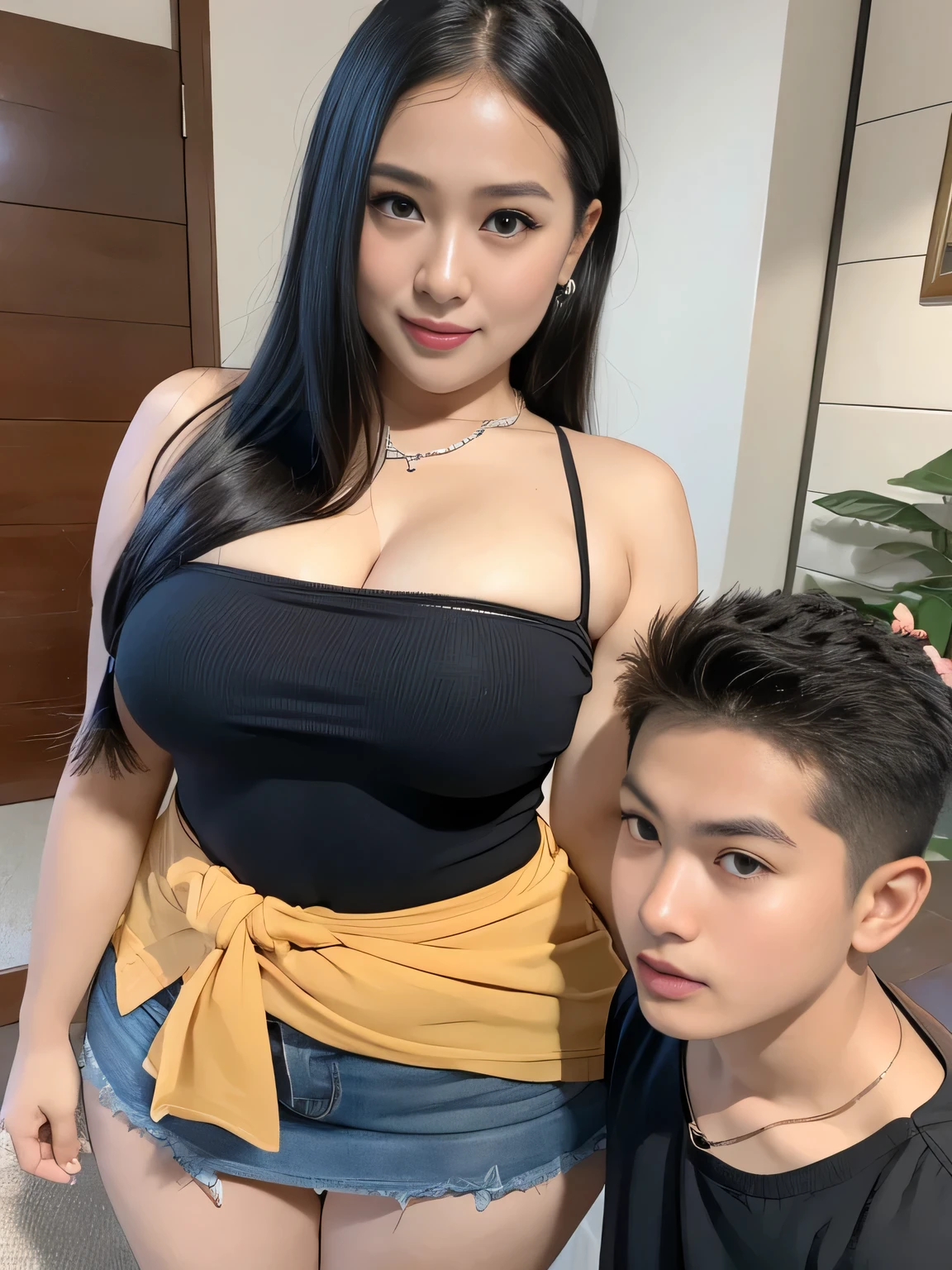 portrait of a Indonesian mommy in ruffled mini skirt, standing with one  (1 boy), Indonesian girl has big breasts, boy grabbing the girl, realistic, high detailing, hyper-realistic, 8k (( boy grabbing girl' waist)) , sexual pose, naughty pose