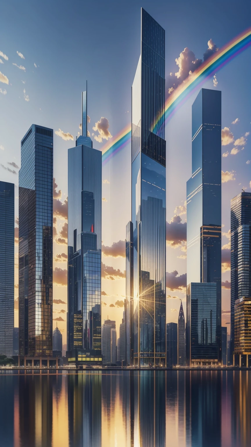 (masterpiece, Highest quality, Very detailed, 8k wallpaper), Abstract color splashes, Rainbow colors、Vibrant, sharp、Straight、reflection、Geometric pattern、Skyscrapers