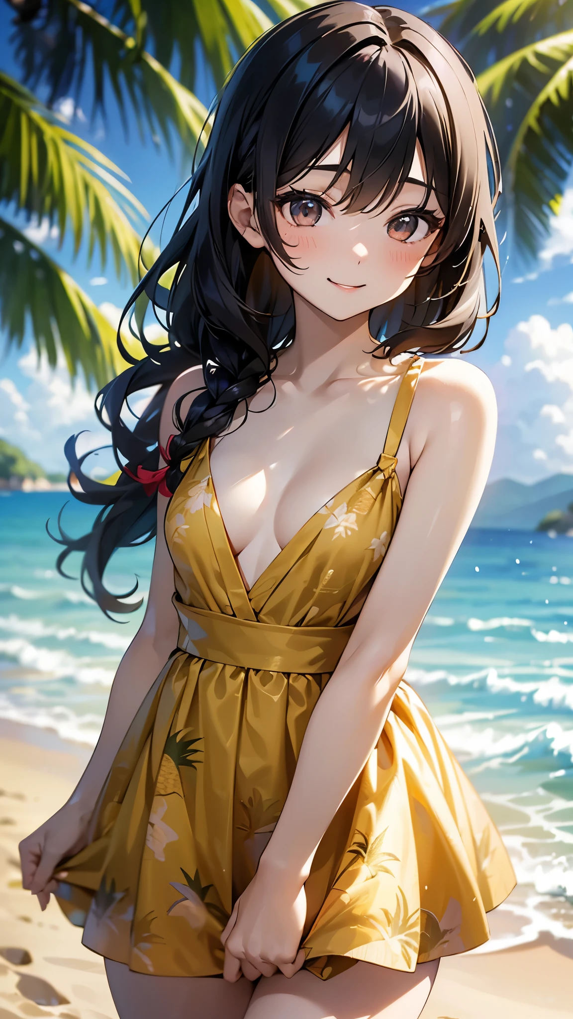 (Best quality, dynamic lighting, highly detailed, HDR) Black Hair、young woman, 、Japanese、wintailed, cute, pretty, beautiful, skinny, , short, small breasts, Pineapple print summer dress, Flowers in hair、 bare shoulder, cleavage, leanjng forward, downblouse, sleeveless, smiling, beach background.Midsummer Sun、