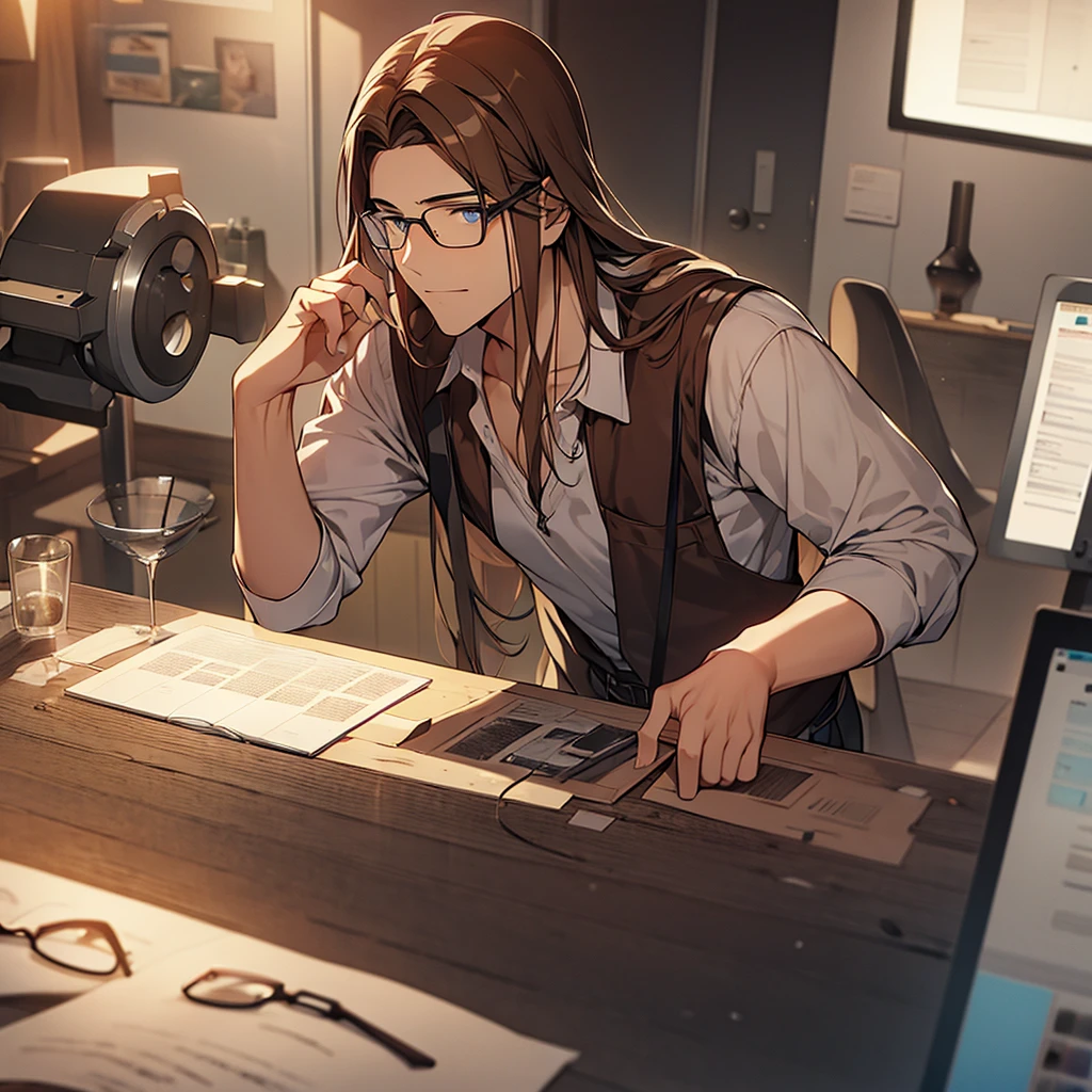 A man with brown hair, Drilling, glasses and long hair 
