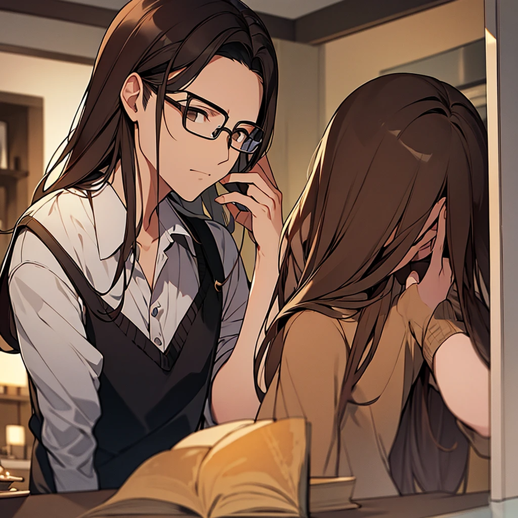 A man with brown hair, Drilling, glasses and long hair 