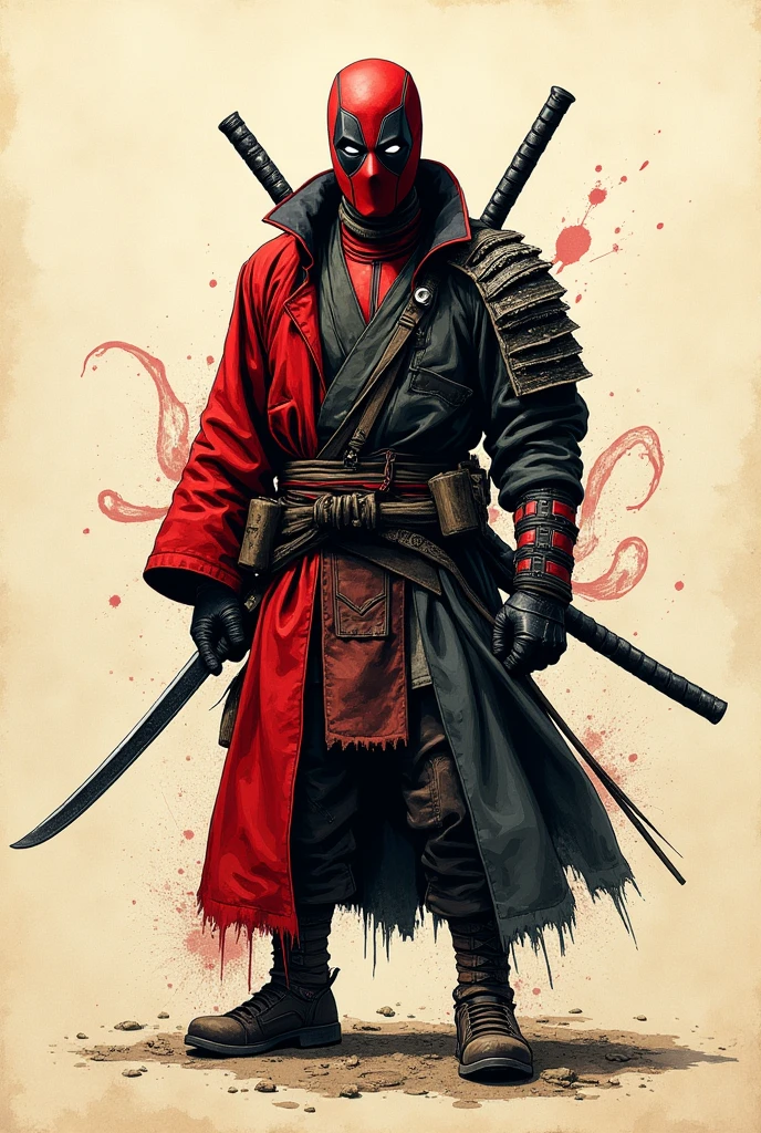 old book style ink illustration, on parchment, ink splashes, ink stains, ink smears, faded ink, samurai strong Dzungarian human, katana, coat, pantless, linquivera,  on parchment, deadpool, marvels Venom, symbiote tentacles