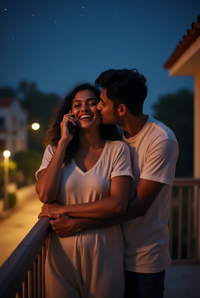 Indian woman wears tshirt pajama, standing in balcony at night, talking on phone, and her handsome brother hug her from behind, kissing her on chicks.