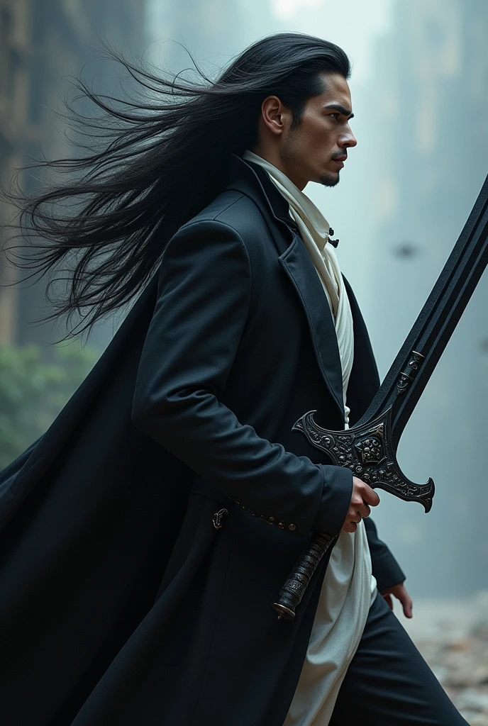 "A photo-realistic depiction of Vortex. Full-body Vortex is resolutely facing to the right, his long black hair waving in the wind. He wears a smooth, dark coat with a realistic texture, presenting an overwhelming figure. Underneath his coat, he wears a noble white. In his right hand, he swings a long, dark sword with intricate carvings and a subtle, eerie glow, caught in the motion of a powerful slicing strike. His face shows intense focus, capturing the moment of action. The background features realistic lighting and shadows, blending real-world elements with subtle fantasy details, creating an authentic, tense atmosphere with hints of power."