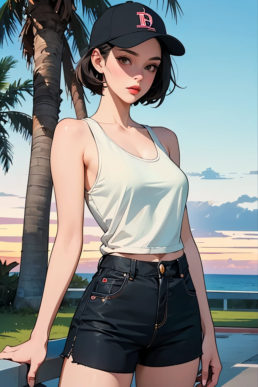 (Masterpiece:1.2),(Highest quality),(Superb details),(Ultra high resolution),(best illustrations)retro girl,tank top,Jumpsuit Shorts,short hair,sexy,Seductive,charming,Big breasts,Miami Baseball Cap, sunset, ferrari, palm tree, The 90s, (flat colors, Smooth texture, line art:1.2), graphic design, (Heavy ink, black ink),