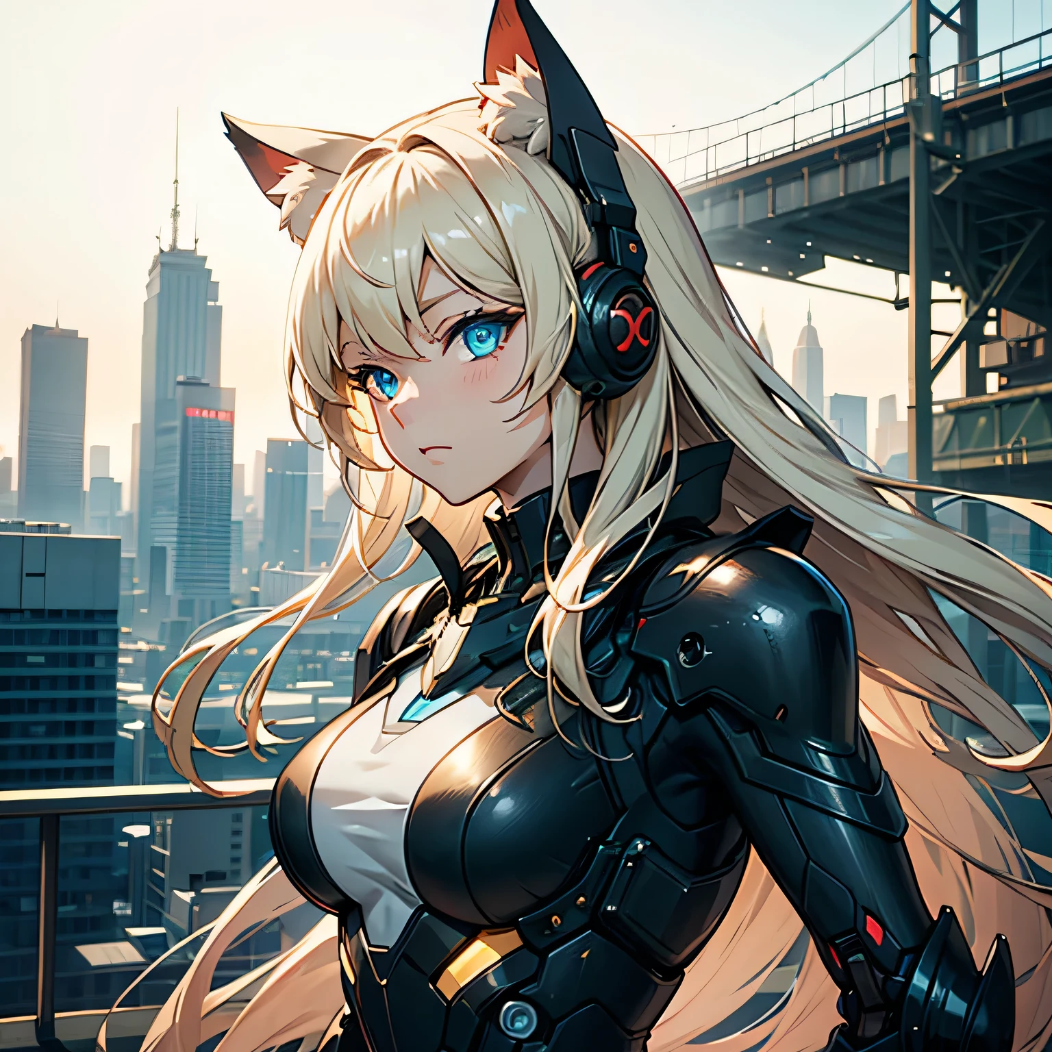 a mecha woman in a black outfit is posing on a tall building, hair covers ears, hidden ears, cyber woman, cybernetic woman, futuristic armor, futuristic dress, overlooking a city, futuristic city background, side view, view from the side, head turned to face viewer, clear blue eyes, perfect eyes, clean eyes, picture of bust, 3/4 picture, upper body picture, catgirl, cat girl, cat ears, blue eyes, extremely detailed artgerm, anime goddess, beautiful alluring anime woman, blonde goddess, blonde anime girl with long hair, from girls frontline, attractive anime girl, thicc, anime girl wearing a black dress, beautiful anime girl standing, | fine detail anime, style artgerm