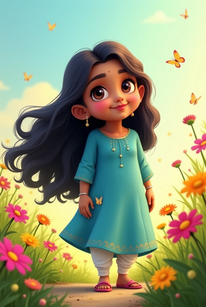Anime Cute Chubby girl with south Indian white skin tone, triangle face cut, very long free hair, slightly big triangle nose, wearing small hearings for western dress, standing between the flower garden on top of the hill, wearing blue kurti, wearing only one bangle for one hand, wearing 2 rings for each hand, wearing slippers