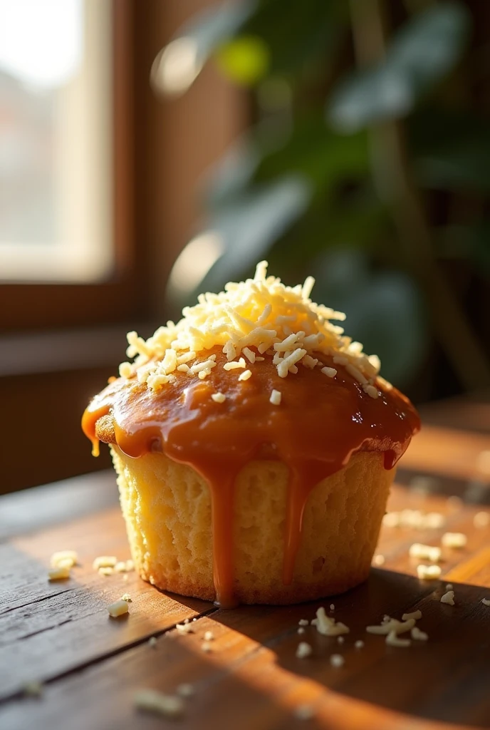 tinapay ng cupcake walang icing na may dulce de leche na sauce sa top tapos maraming grated cheese