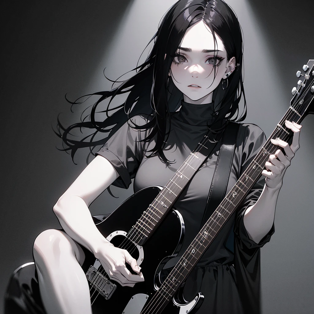 a dark-haired Rooney Mara with brown eyes, wearing heavy black eye makeup and eyeliner, multiple piercings, playing electric guitar, studio lighting, high contrast, muted tones, cold color palette, dramatic lighting, cinematic, moody, edgy, gritty, grungy, rock and roll aesthetic, ultra-detailed, ultrarrealist, 8k ultra resolution, ultra-detailed beautiful face, ultra beautiful