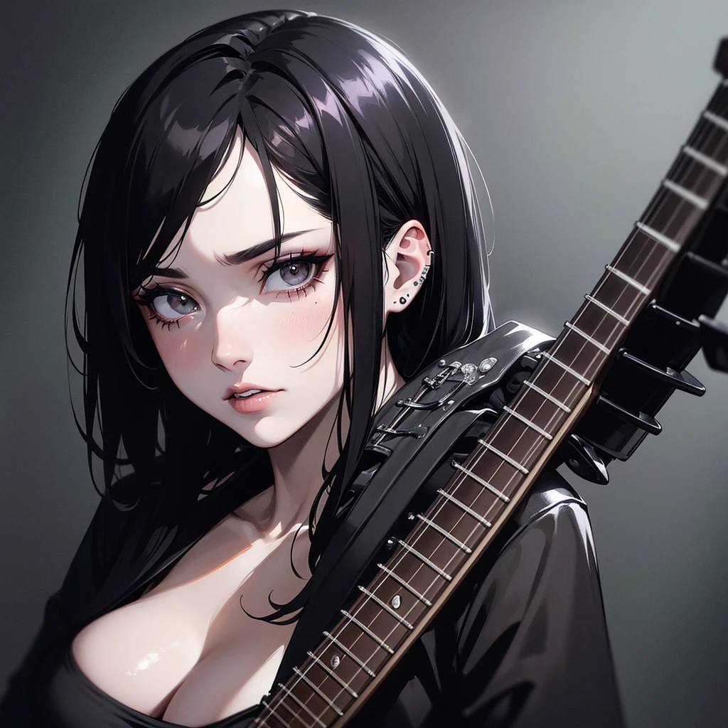 a dark-haired Rooney Mara with brown eyes, wearing heavy black eye makeup and eyeliner, multiple piercings, playing electric guitar, studio lighting, high contrast, muted tones, cold color palette, dramatic lighting, cinematic, moody, edgy, gritty, grungy, rock and roll aesthetic, ultra-detailed, ultrarrealist, 8k ultra resolution, ultra-detailed beautiful face, ultra beautiful 