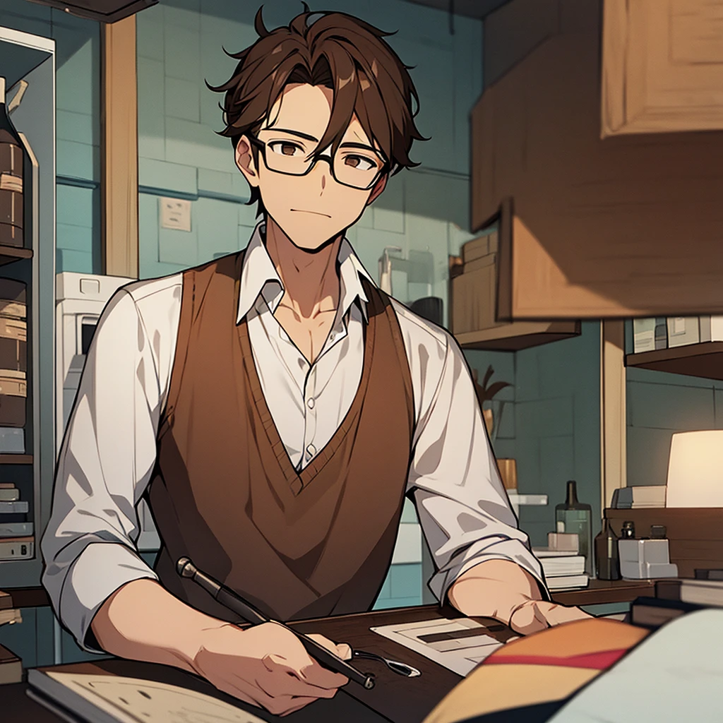 A man with brown hair, Drilling, glasses