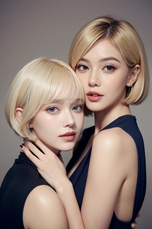 A beautiful blonde woman and a woman with a navy blue bob are flirting