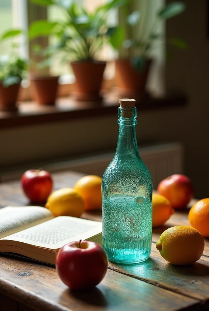 A group photo on table Object (Bottle, book, Fruit)