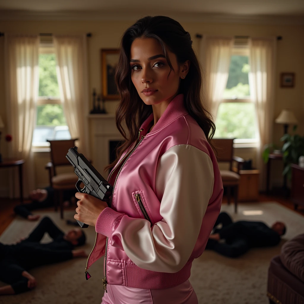 wide depth of field, wide depth of focus, f/11 lens setting, all objects in focus, living room background, full body image, soft feminine magenta and white short cropped satin bomber jacket,  woman posing with a pistol ,，almost perfect, pure form, intricate details, 8K post-production, high resolution, super detailed, Popular topics on Artstation,, Studio photos, intricate details, Very detailed, several unconscious men lay on the floor in the background