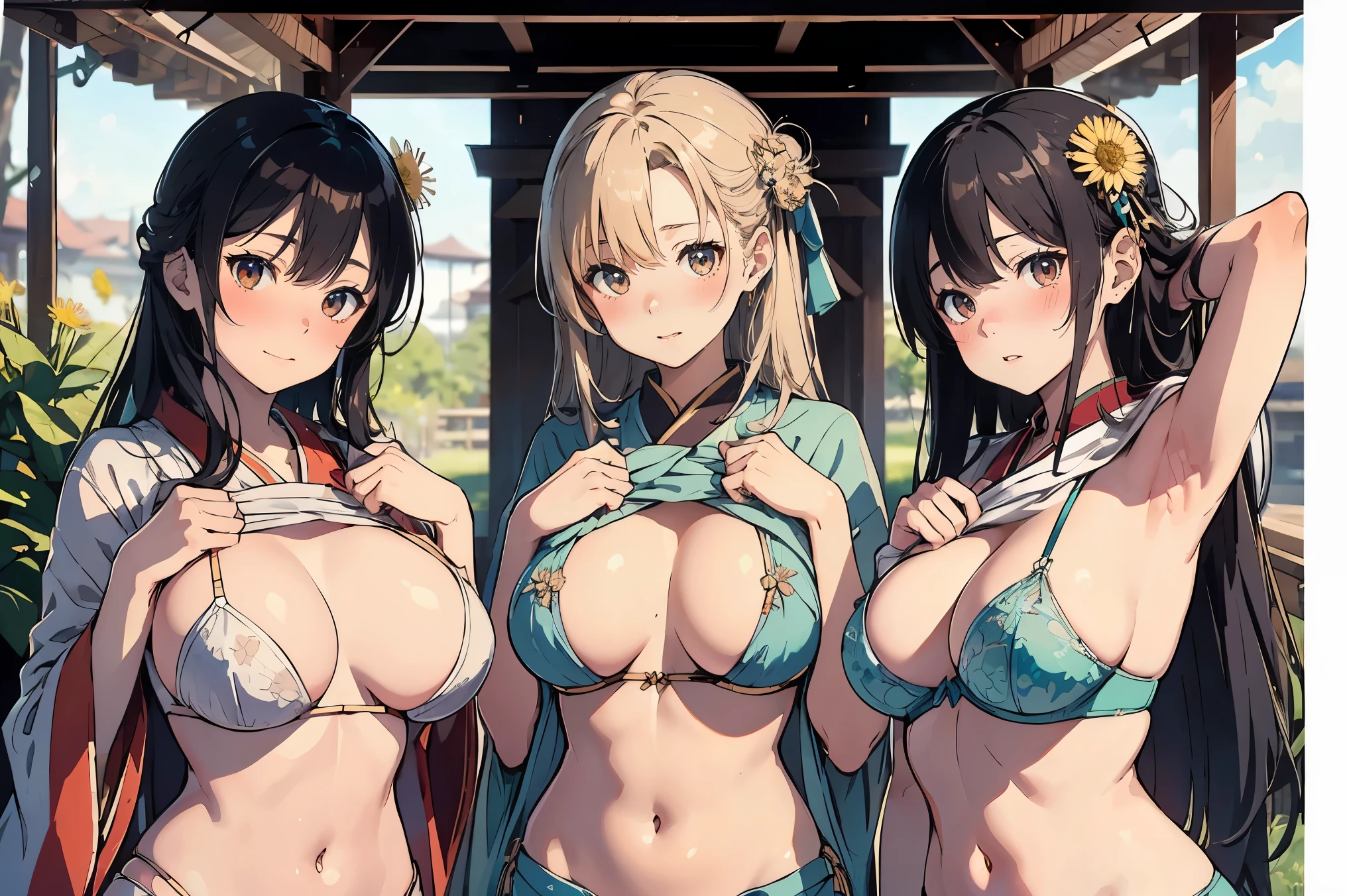 Highest quality, Super detailed, (Ultra-high resolution,8k), Ultra-high definition 4K, (Perfect Anatomy, Anatomically correct), (The three pure shrine maidens), (Detailed shrine maiden costume), ((空に舞うDandelion fluff)), (Puzzled), (High-quality facial beauty), (Photorealistic), (Detailed big breasts), Soft Skin, Glowing Skin, Bright lighting, colorful, lingerie, Dandelion fluff, shirtlift