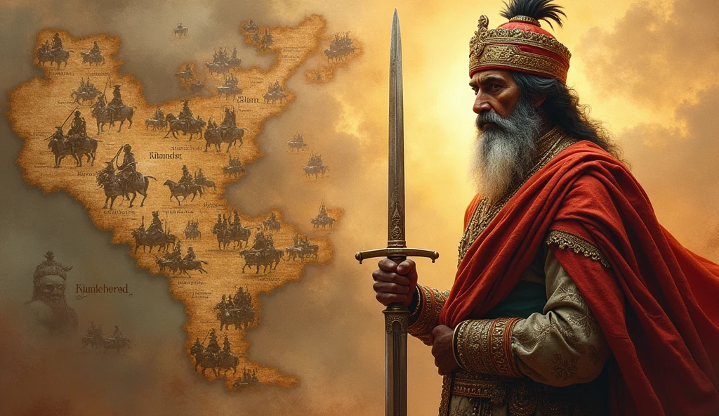 An aged brave Maharana Pratap, still strong in spirit, holding his sword with one hand while the other rests on a map of Mewar. Behind him are faint images of his battles, his people, and his loyal soldiers, symbolizing his lifelong dedication.