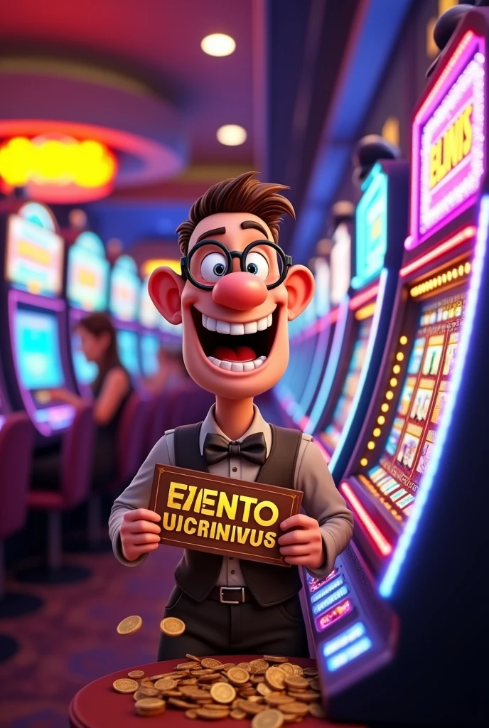 Photo of slot machine with cartoon man in the middle playing money with a sign in his hands in Portuguese written PROFITABLE EVENTS