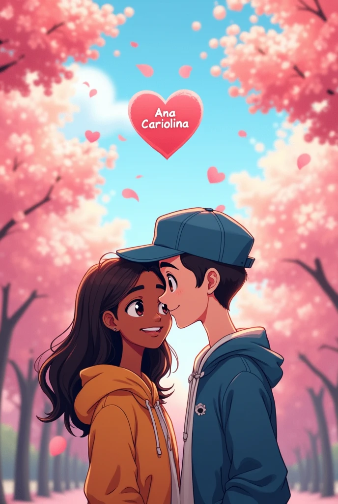 Create an anime-style drawing of a young, thin white man with a beard wearing a blue cap, Brown eyes,and she's a young, thin black girl like a couple,
Write Ana Carolina and Nicolas and a heart