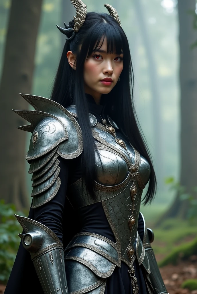 a sserafimsakura, perfect eyes, (ultra realistic:1.5), (standing in forest:1.2), (close-up photo:1.5), (black paladin armor:1.2), (intricate:1.2), (looking at camera:1.2), (best quality:1.2), 