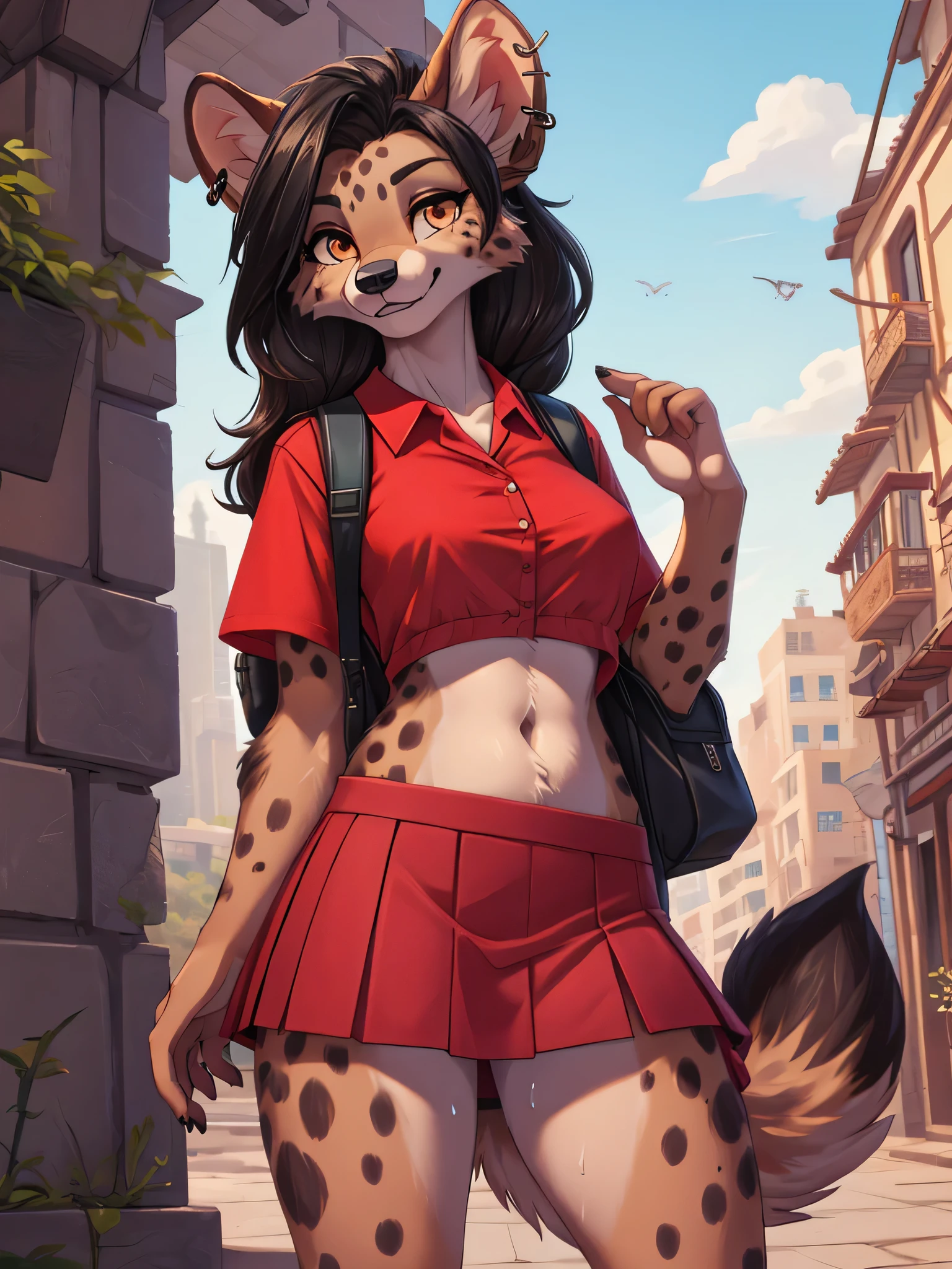 a female anthro furry hyena girl, black hair, hyena spots, black hands and feet, brown eyes, high definition_detail:1, showing off her beautiful figure and her outfit. (Red navel blouse, red mini skirt, purple backpack, red tenis)sweaty body add_details:1, smiling add_detailsl:1, ear piercing add_detail:1, beautiful and detaileds hands, fullbody, sensual pose. Citylandscape