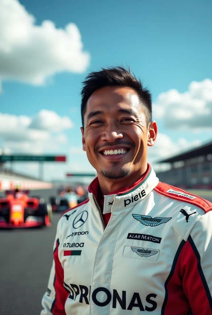 Half filipino-half american formula 1 driver smiling in Aston Martin track suit with “Aramco” as sponsor in the suit. With f1 on the background