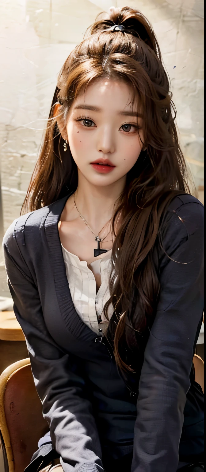 (masterpiece: 1.3), (Maximum resolution: 1.2), (Ultra HD TV: 1.2), Cinema Lights, Ultra HD TV, (Detailed eyes and skin), (Detailed facial features), High resolution, 8k resolution, Sharp focus: 1.2, Perfect Style, Beautiful Face, Accurate, Anatomically correct, Highly detailed face and skin texture, Detailed eyes, Brown eyes, double eyelid, Thin eyebrows, Glitter Eyeliner: 1.2, Natural Cheeks, Glowing Skin, Fair skin: 1.2, Shiny little necklace and earrings, (Glossy Lips: 1.4), break, First Person View, Wearing a high school uniform, (Fascinating face: 1.2), Pure and cute, (High ponytail, Wavy Hair, Gray hair and some colored hair, Diagonal bangs), Medium Long Hair, View from above, (Full Body Shot: 1.2), Focus on the face, ((Very close relationship: 1.2)), (Medium large breasts), (((In the classroom: 1.2)), ((sit cross-legged on a school chair:1.4)), (Look at me)), (From the side:1.2)