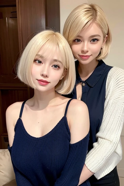 A beautiful blonde woman and a woman with a navy blue bob are flirting
