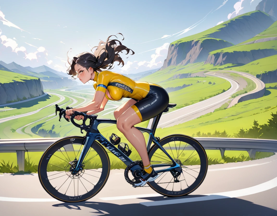 A young and beautiful person,(Highest quality,Extremely detailed depiction,Incredibly absurd high resolution,Anatomically accurate depiction,Nice hands,Perfect Fingers,Curvy Legs,Shiny skin),(Woman riding road bike),(Yellow cycling wear,Black spats,Cycling helmet,Cute hairstyle),eyelash,(Black Eyes,There is cleavage in the chest,Glossy Lips),(Sweat,whole body,Hair blowing in the wind,Flowing landscape,Descending a hill on a road bike,Feeling the wind comfortably)